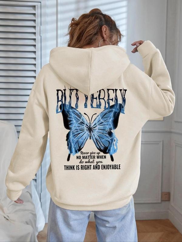 Butterfly Print Drop Shoulder Hoodie, , 2024 Trendy Vintage Drawstring Pocket Hooded Sweatshirt for Daily Wear, Women...