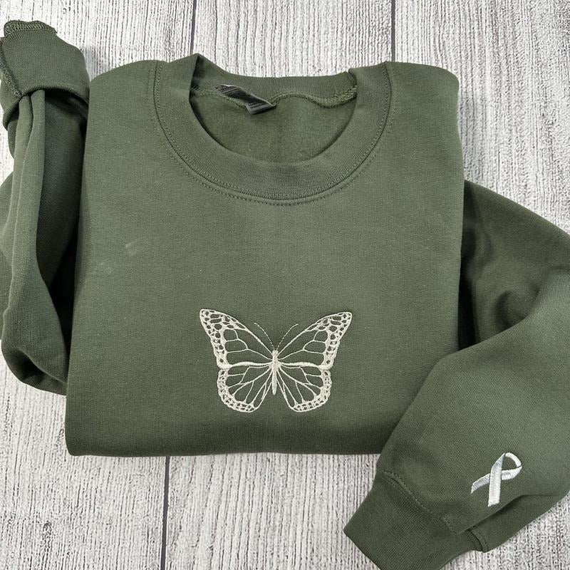 Butterfly embroidered sweatshirt; Ribbon on sleeve embroidered crewneck; gift for her T-Shirts, Hoodie | HypeDripTees.com