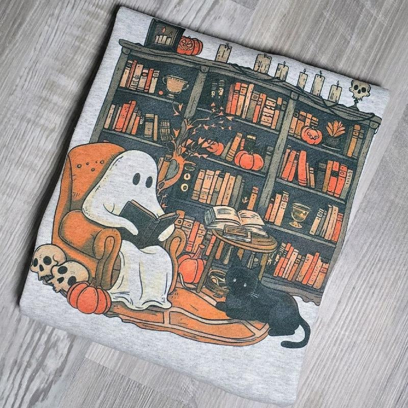 CAT Spooky Season Ghosty Books Design Sweatshirt with Halloween Icons and Ghosts Pattern T-Shirts, Hoodie | HypeDripTees.com