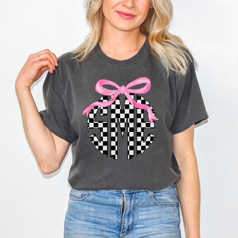 *CUSTOMIZABLE* Bow & Black Checker Monogram Comfort Colors T-Shirt 'NLB' Hoodie, Sweatshirt | HypeDripTees.com