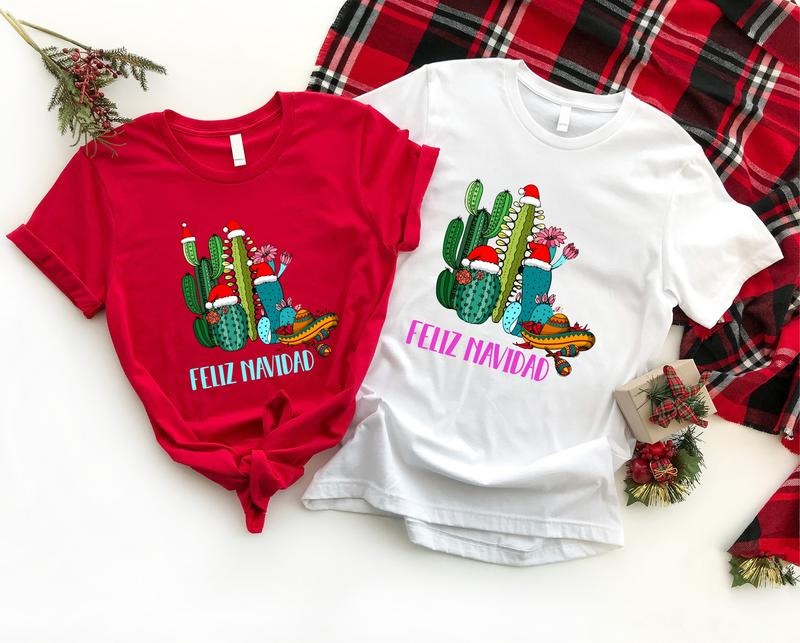 Cactus Feliz Navidad Shirt, Mexican Family Christmas Xmas T-shirt, Spanish Merry Christmas Tee, Unisex Holiday Outfit.
