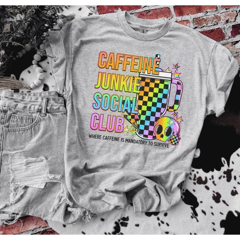 Caffeine Junkie Social Club Bleached Shirt -  Comfy Unisex Jersey Shirt - Bleached Graphic Tee Design, Random Bleaching,...