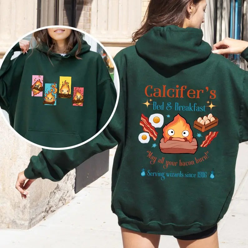 Calcifer 2 Sided Hoodie, Sweatshirt, Tshirt, Howls Moving Castle Shirt, Studio Ghibli, Anime | HypeDripTees.com