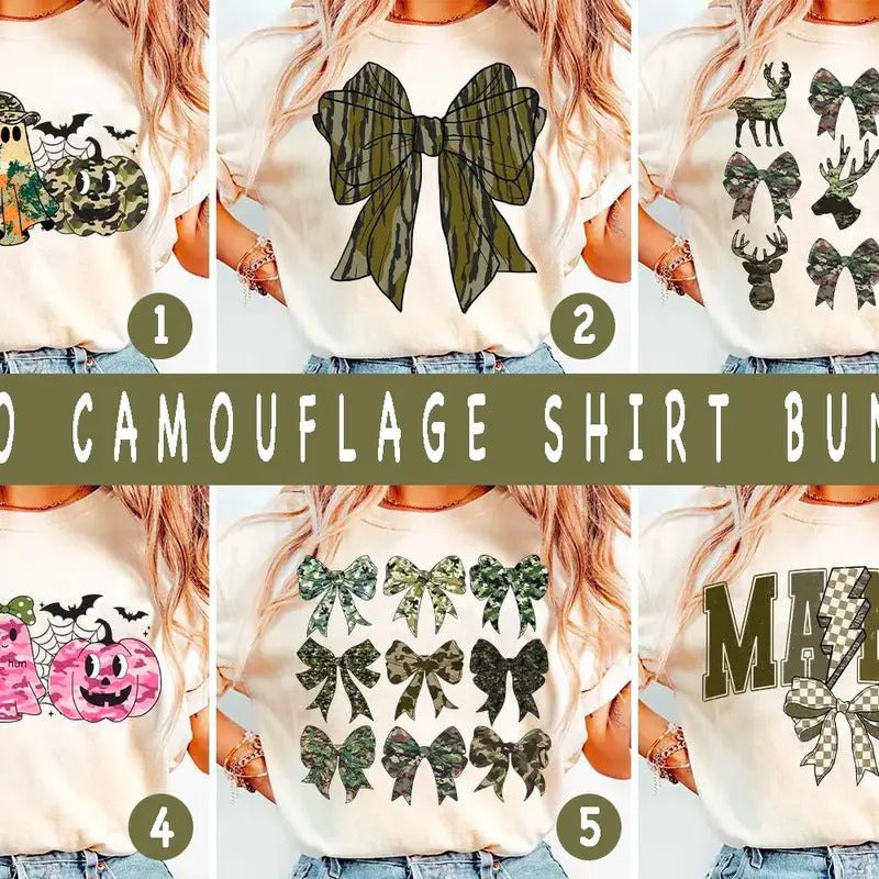 Camo Bow Shirt Bundle, Camouflage Old Camo Bow Tee, Camo Coquette Bow Duck Hunting, Camo Coquette Bow Tee, Full Sizes,...