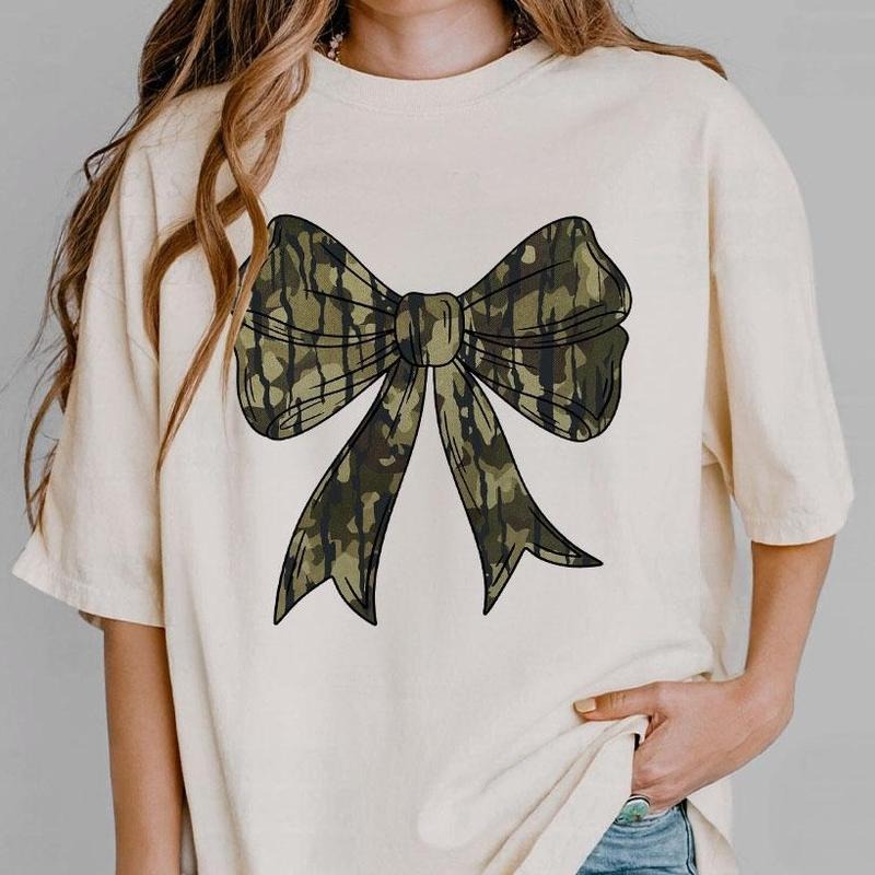 Camo Bow Shirt for Women, Camo Coquette Bow TShirt Gift for Her, Cute Camo Tshirt, Camo Bow Sweatshirt, Camo Coquette Bow...