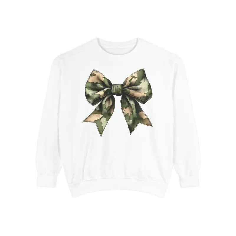 Camo Bow Sweatshirt Comfort Colors, Hunting Sweater Womenswear Crewneck T-Shirts, Hoodie | HypeDripTees.com
