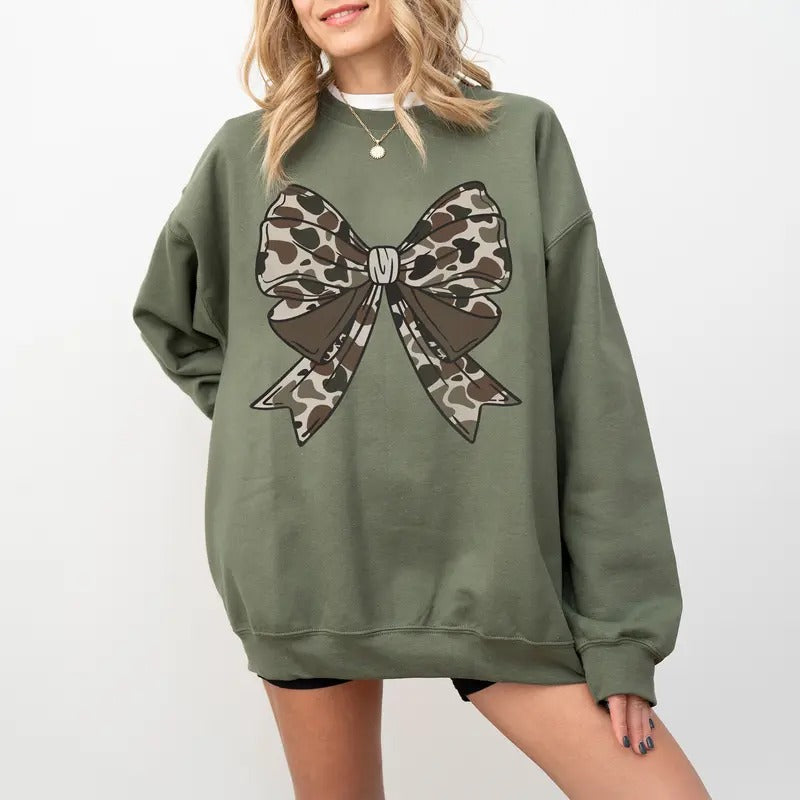 Camo Bow Sweatshirt, Camo Coquette Bow Shirt, Women's Camouflage Bow Shirt, Duck Hunting Tee Hoodie | HypeDripTees.com