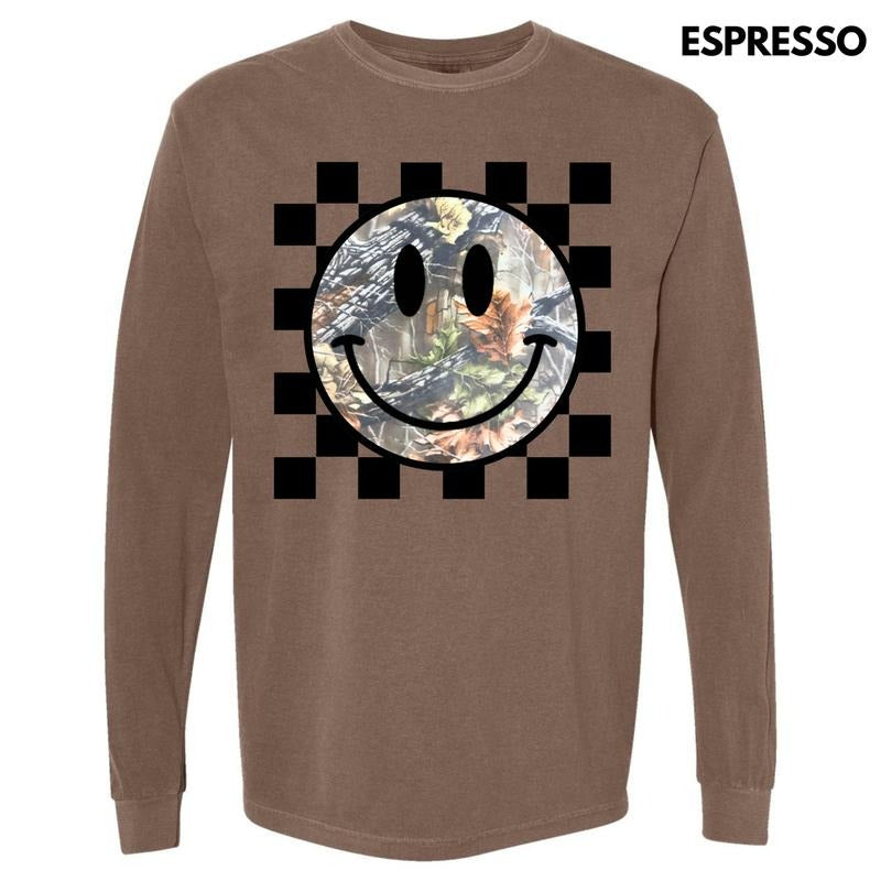 Camo Checker Happy Face Long Sleeve Comfort Colors T-Shirt 'NLB' Hoodie, Sweatshirt | HypeDripTees.com