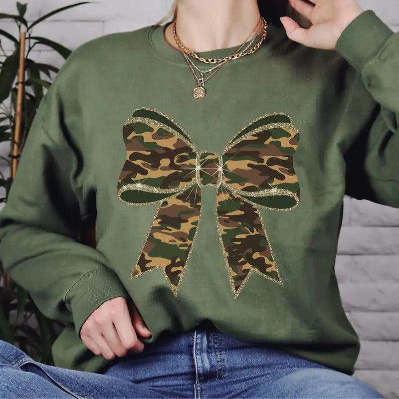 Camo Coquette Bow Glittery Effect Graphic Printed Sweatshirt, Camoflauge Coquette Shirt Hoodie | HypeDripTees.com
