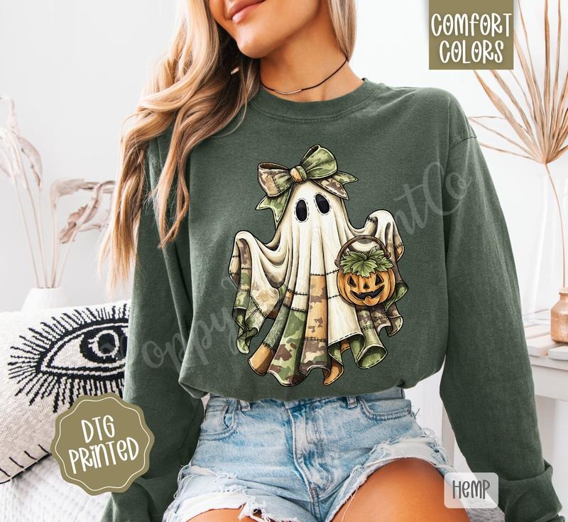 Camo Ghost Long Sleeve TShirt, Trendy Women's Halloween Tee Hoodie, Sweatshirt | HypeDripTees.com