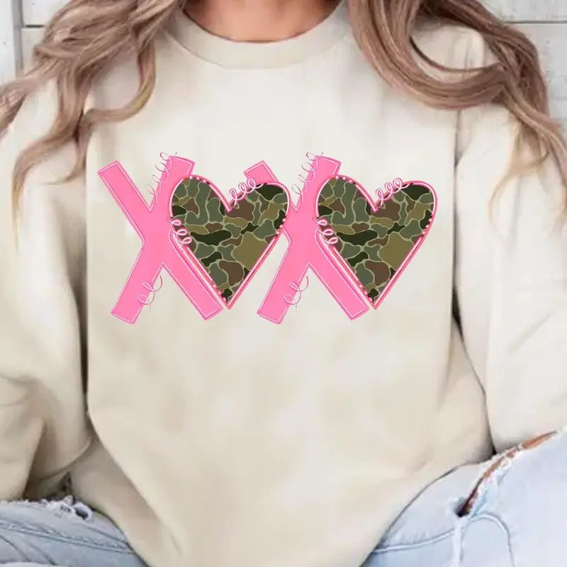 Camo Hunting Valentines Heart Valenday Shirt, XOXO Camo Hearts Preppy Loved Deerly Sweater, Valentine Day Gift for Her...