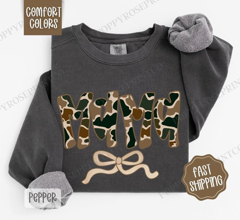Camo Mama Comfort Colors Sweatshirt, Women's Crewneck, Cute Camo Women's Sweater T-Shirts, Hoodie | HypeDripTees.com