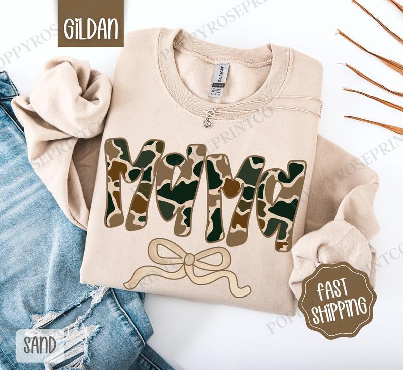 Camo Mama Sweatshirt, Women's Crewneck, Cute Camo Women's Sweater T-Shirts, Hoodie | HypeDripTees.com