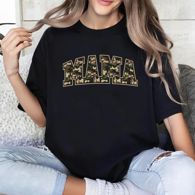 Camo Mama Tee, Print Letter Simple Design Graphic Tee Women, Mom Shirt, Shirt For Mom, Mommy Tee, Comfy Fabric Shirt For...