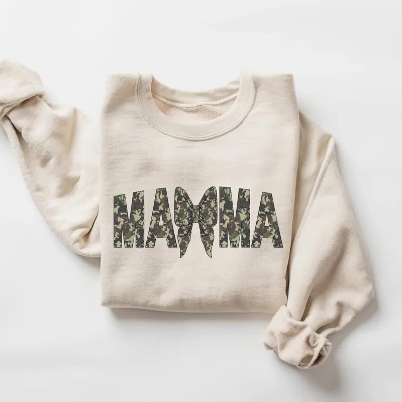 Camouflage Mama Sweatshirt, Army Mom Gift, Hunter Mom Crewneck, Mothers Day Shirt, Coquette Mama with Bow Graphic, Marine...