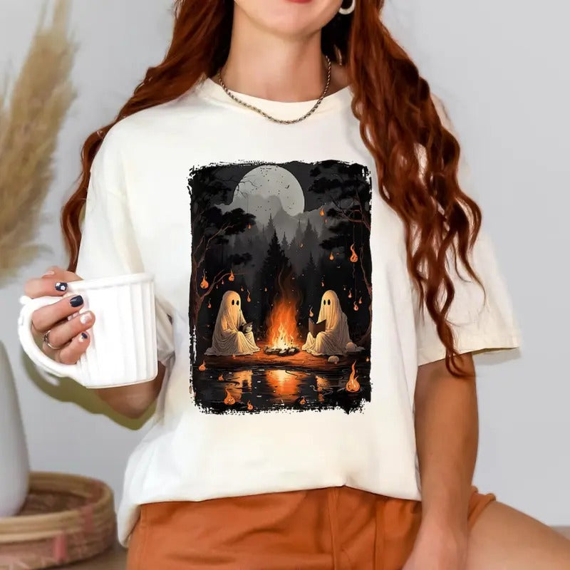 Camping Halloween Ghost Reading Book Shirt, Halloween Costume, Spooky Season Shirt, Women Fall Tshirt, Halloween Party...