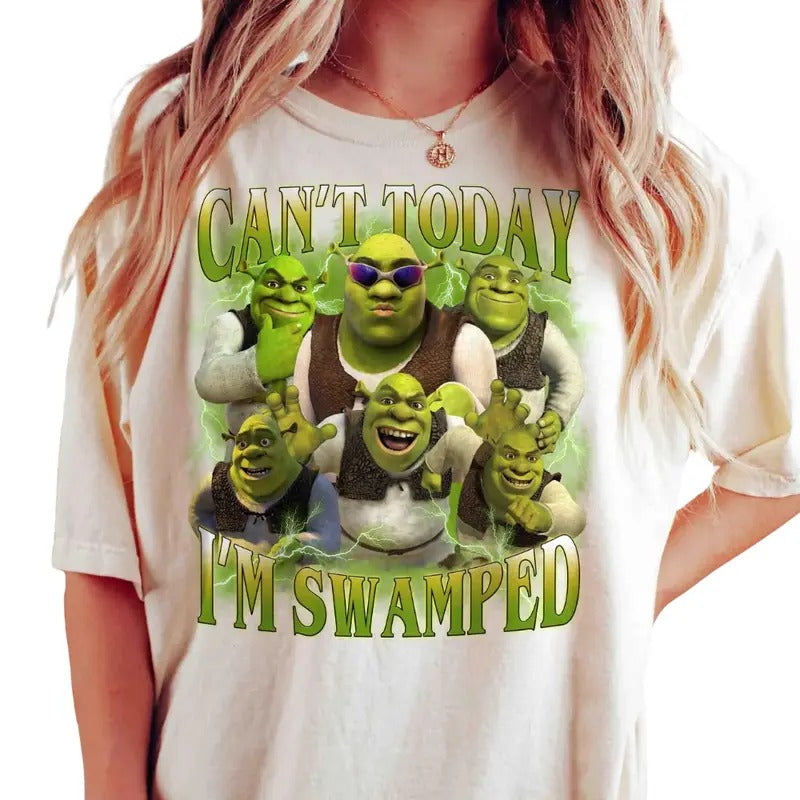 Can't Today I'm Swamped Comfort Color Shirt, Shrek Funny Fiona And Shrek Face Meme Shirt, Cotton Unisex Shirts, Crew...