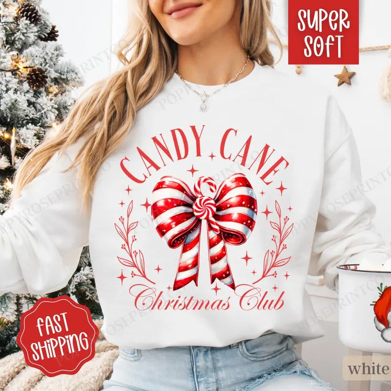 Candy Cane Christmas Club Sweatshirt, Christmas Sweater, Women's Holiday Crewneck T-Shirts, Hoodie | HypeDripTees.com