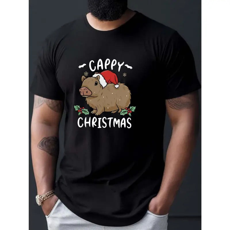 Capybara Cappy Christmas Design Print Tee Shirt, Men's Fashion Short Sleeve T-shirt, Summer Comfy Top For Daily And...