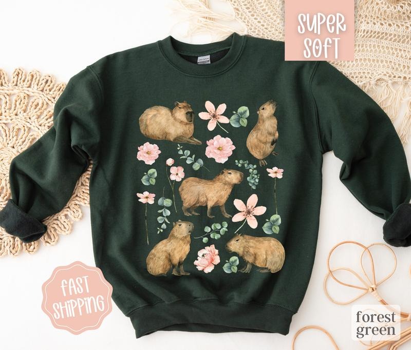Capybara Sweatshirt, Boho Floral Sweatshirt, Women's Oversized Sweatshirt, Capybara Crewneck T-Shirts, Hoodie