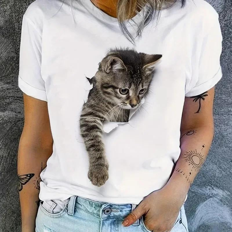 Cartoon Cat 2D T-shirt Short Sleeved Round Neck Casual Sports Top  Summer Aesthetic Clothing Women's Clothing Pattern...