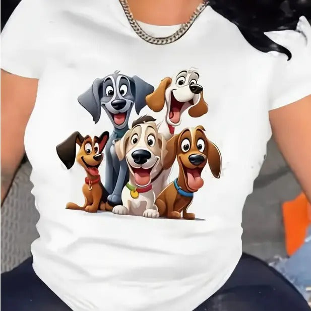 Cartoon Dog Print T-Shirt, Women's Clothing Cotton Tshirt, Casual Round Neck Short Sleeve Top,  All-Season, Perfect for...