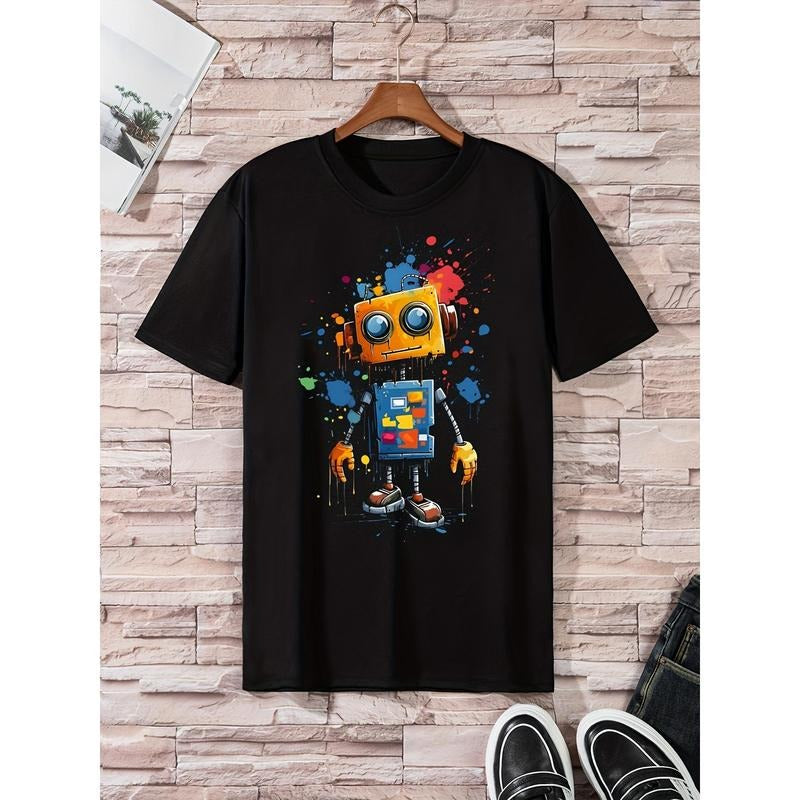 Cartoon Robot Print T-shirt, Men's Casual Street Style Stretch Round Neck Tee Shirt For Summer Made in USA Hoodie, Sweatshirt