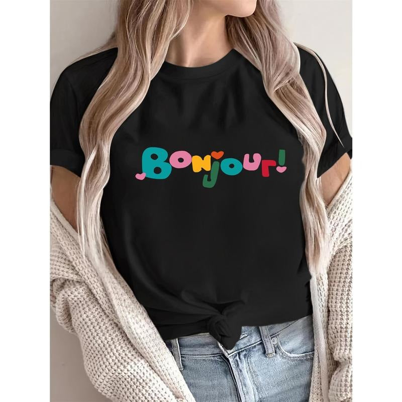 [Casual Chic] Women's Casual French "Bonjour" Graphic T-Shirt