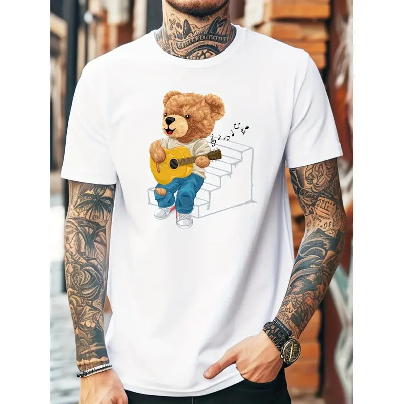 Casual Design Men's Cartoon Style Toy Bear Guitar Player Pattern Crew Neck Short Sleeve T-shirt, Chic And Stylish Tops...