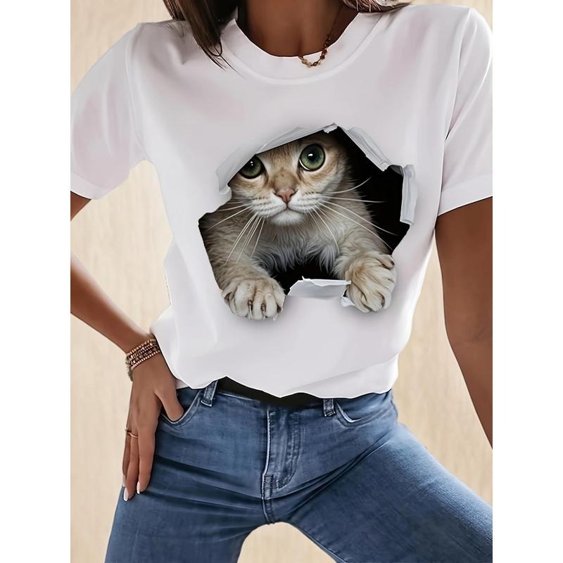 Casual Short Sleeve Cat Print Crew Neck - Women's Spring & Summer T-Shirt Hoodie, Sweatshirt | HypeDripTees.com