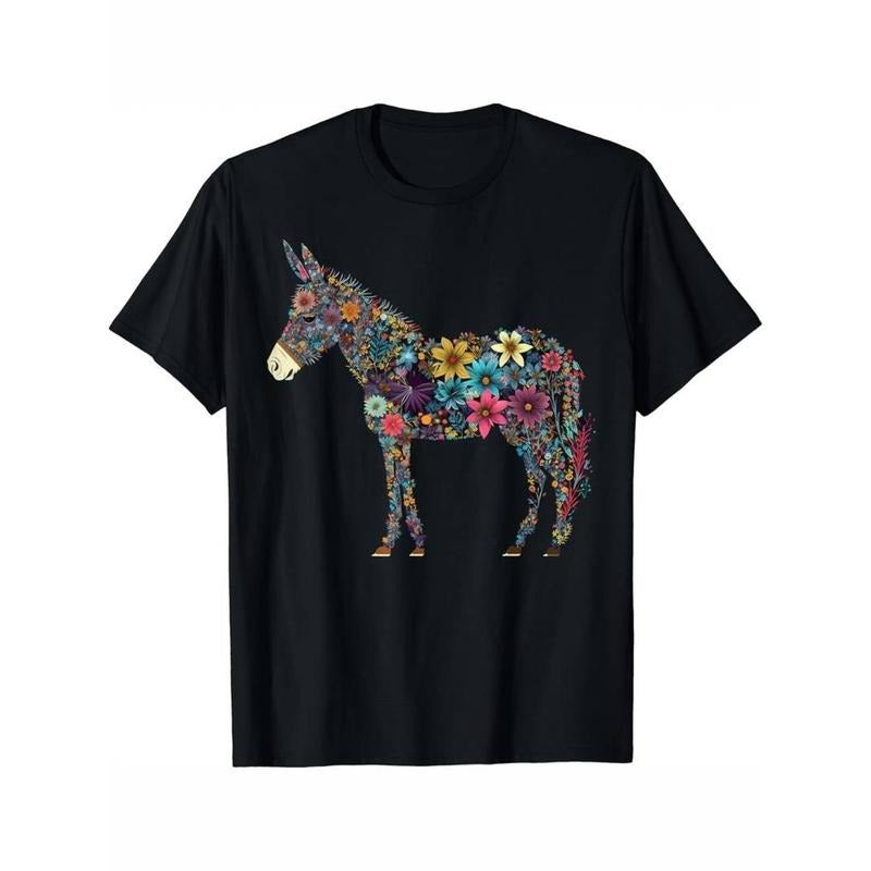 Casual T-shirt 100% Cotton Floral Donkey Print T-Shirt - Short Sleeve, Regular Fit, Knit Fabric, 220g, for Adults,...
