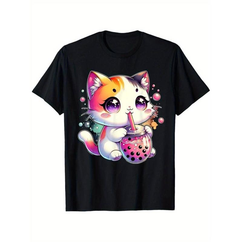 Casual T-shirt Cat Boba Tea Anime Japanese Kawaii Neko Bubble Tea Cat T-Shirt Menswear Top Graphic Graphic Tees Hoodie,...