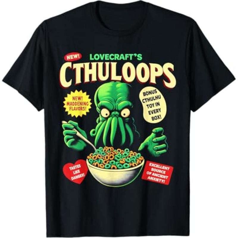Casual T-shirt Cthuloops Cereal Parody T-Shirt for Horror Fans - Cthulhu T-Shirt Comfy Menswear Hoodie, Sweatshirt