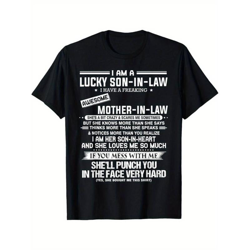 Casual T-shirt Humorous 100% Cotton Breathable Black T-Shirt - "Lucky Son-In-Law" Loungewear Tshirt Menswear Top Hoodie,...