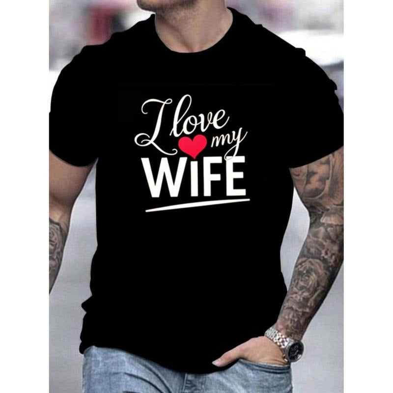 Casual T-shirt Men'S Casual Crew Neck T-Shirt with "I Love My Hot Wife" Slogan, 100% Polyester Knit Fabric Graphic...