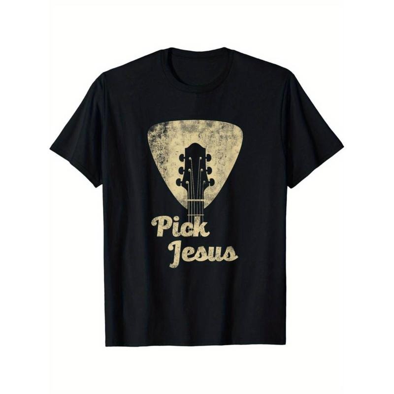 Casual T-shirt Pick Jesus Guitar Tee] Black Cotton "Pick Jesus" Guitar Graphic T-Shirt Menswear Top Streetwear Crewneck...