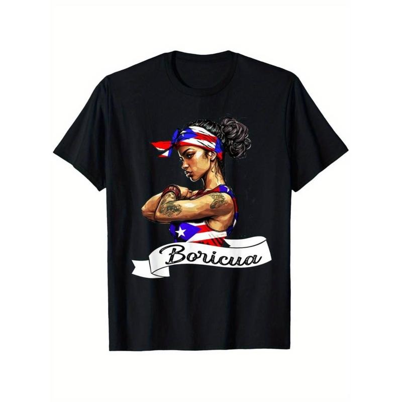 Casual T-shirt Puerto Rican Girl Puerto Rico Flag Pride Women Mujer T-Shirt Cotton Round Neck Outdoor Short Sleeve Slight...