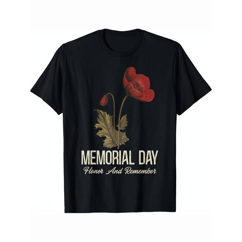 Casual T-shirt Veterans Day Lest We Forget Red Poppy Flower USA Memorial T-Shirt, Unisex Tee-220g, Men's Short Sleeve T...