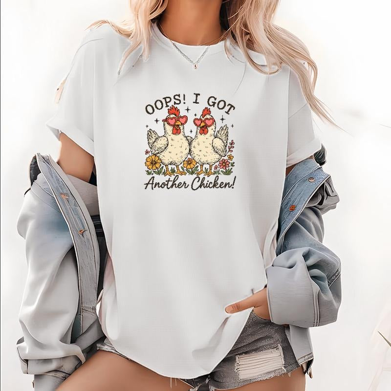 Casual Women's T - Shirt with Humorous Farm - themed Phrase: Chickens in Love and Floral Background for a Light