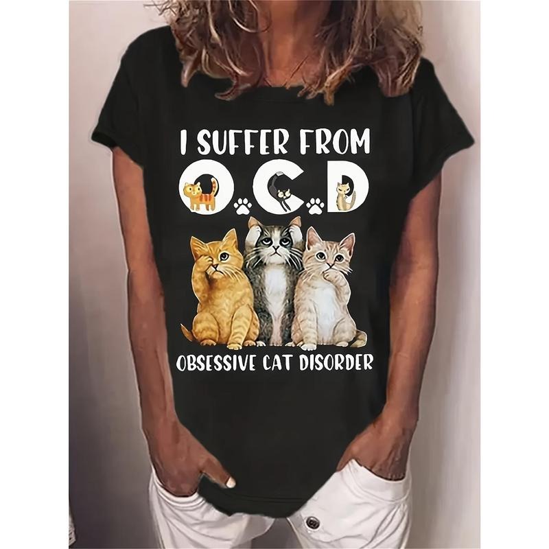 Cat & Letter Print Crew Neck T-Shirt, Casual Short Sleeve T-Shirt For Spring & Summer, Women's Clothing Hoodie, Sweatshirt