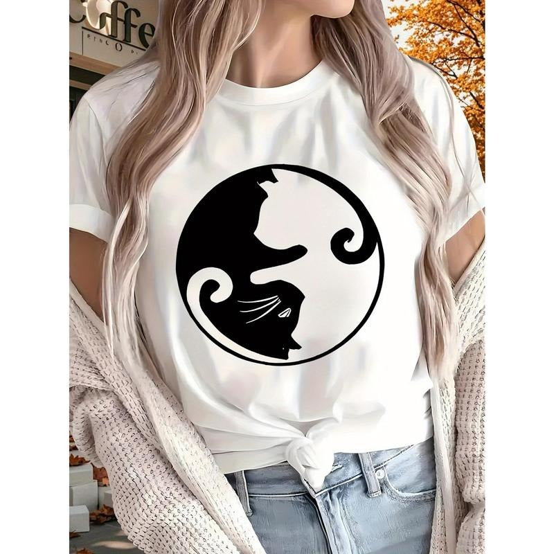 Cat 2025 New Women'S Printed T-shirt, Short Sleeves, Four Seasons Can Be Worn for Outdoor, Home, Sports Top Gift style 02...
