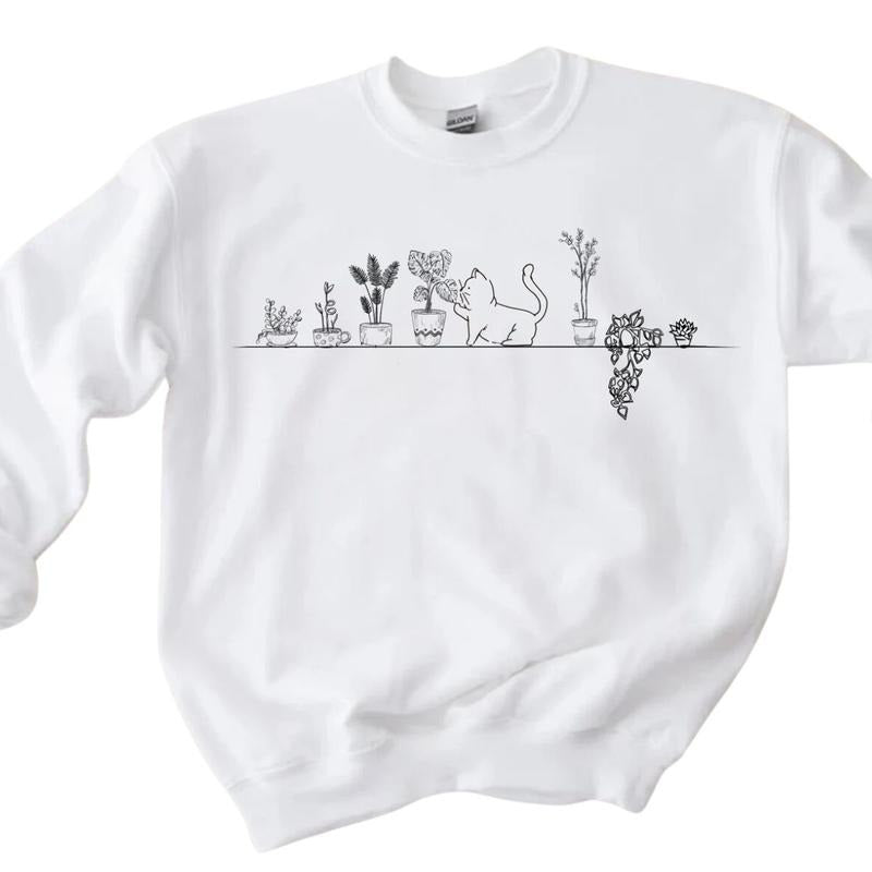 Cat And Plants Sweatshirt, Cat Lover Sweater, Plant Lover Outfit T-Shirts, Hoodie | HypeDripTees.com