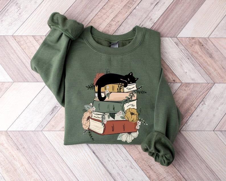 Cat Book Sweatshirt, Books and Cats Hoodie, Reading Shirt, Cat Lover T-Shirt, Gift for Cat Lover, Gift for Book Lovers,...