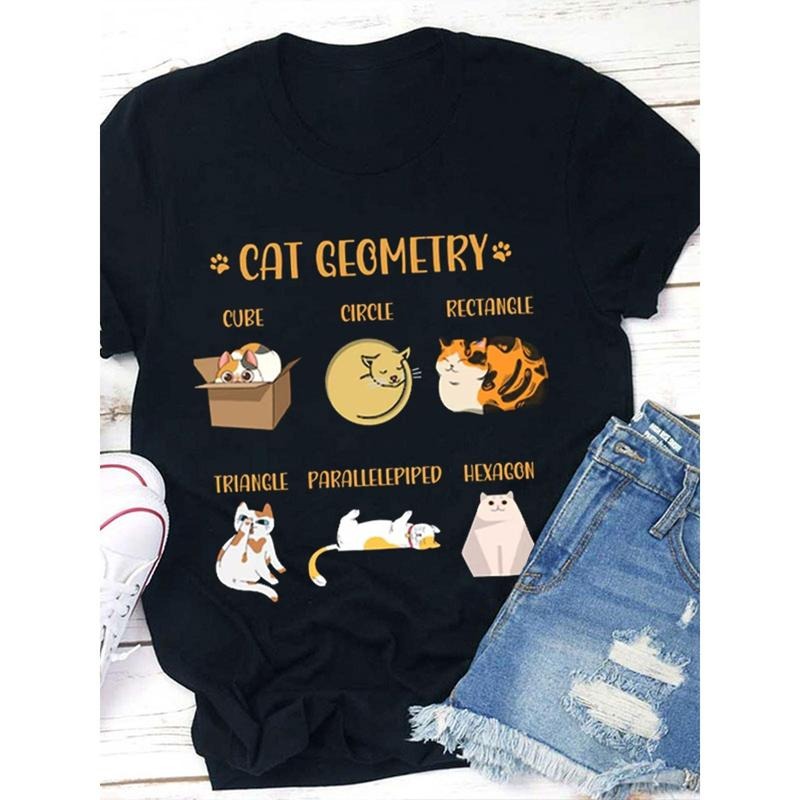 Cat Geometry Cute Cat Icon Teacher T Shirt, Women'S Casual Round Neck T-Shirt Hoodie, Sweatshirt | HypeDripTees.com