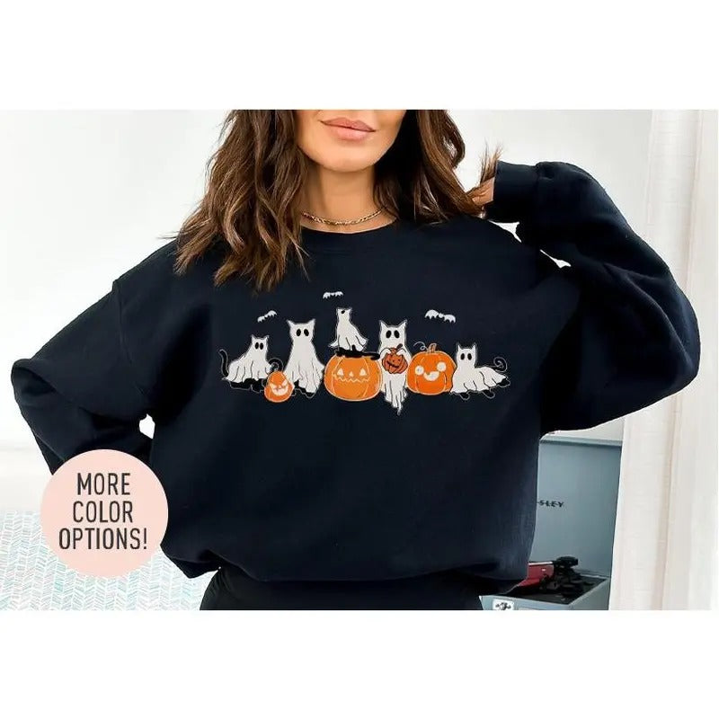 Cat Halloween Crewneck Sweatshirt, Halloween Cat Lover Sweater, Spooky Season Sweater, Halloween Season Gift T-Shirts, Hoodie