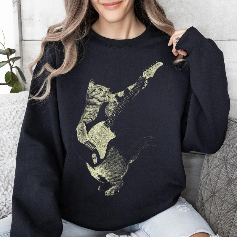 Cat Playing A Guitar, Funny Animals Sweatshirt T-Shirts, Hoodie | HypeDripTees.com