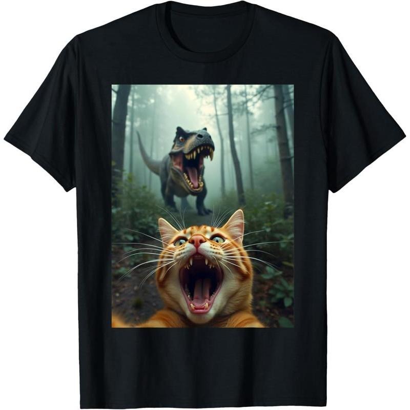 Cat Selfie With T-Rex Dinosaur T-Shirt, Adult Humor Shirt, Gift for Him, Boyfriend Tshirt, Men's Graphic Top Hoodie,...