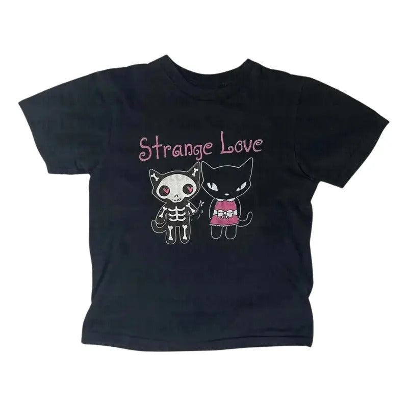Cat Strange Love Baby Tee, Vintage Casual Short Sleeve, Y2k Clothes Punk, Cat Graphic Tees, Retro Women's T-Shirt, Grunge...