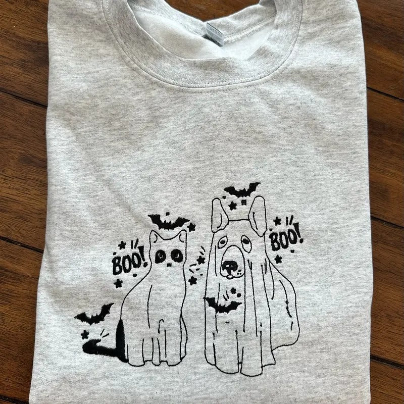 Cat and Dog Ghost Halloween Embroidered Comfort colors Tee shirt Cute Hoodie, Sweatshirt | HypeDripTees.com