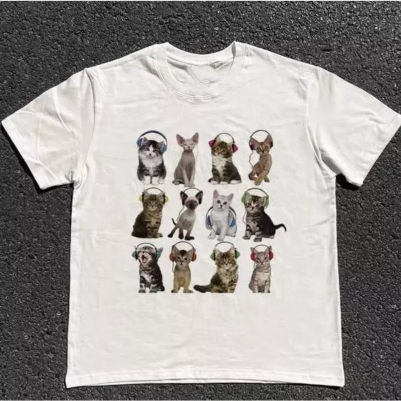 Cats HeadPhone T-Shirt, Unisex Vintage Graphic Tees Gothic Grunge Y2k Emo Scene Amity Affliction Style Clothes Men Women...